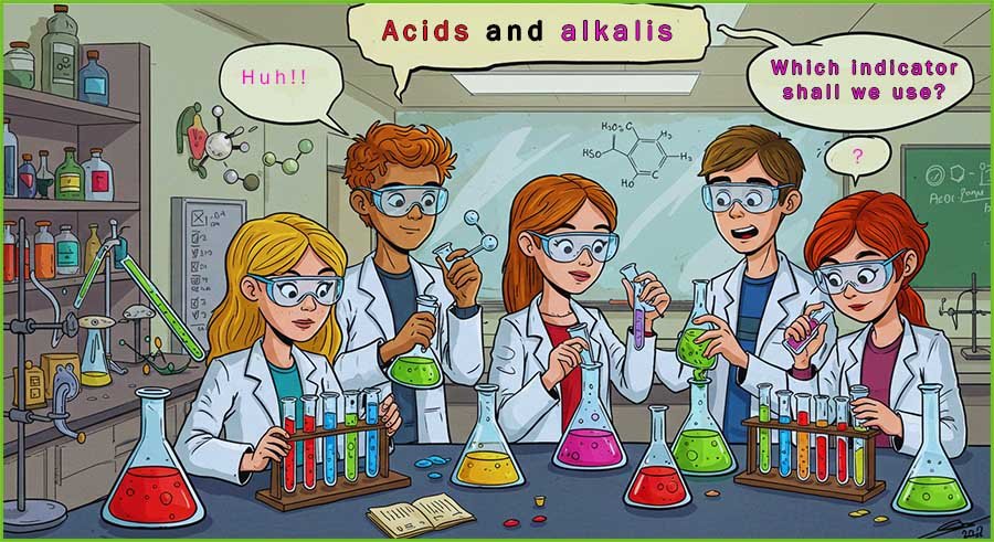 Students working with acids, alkalis and indicators in the lab.